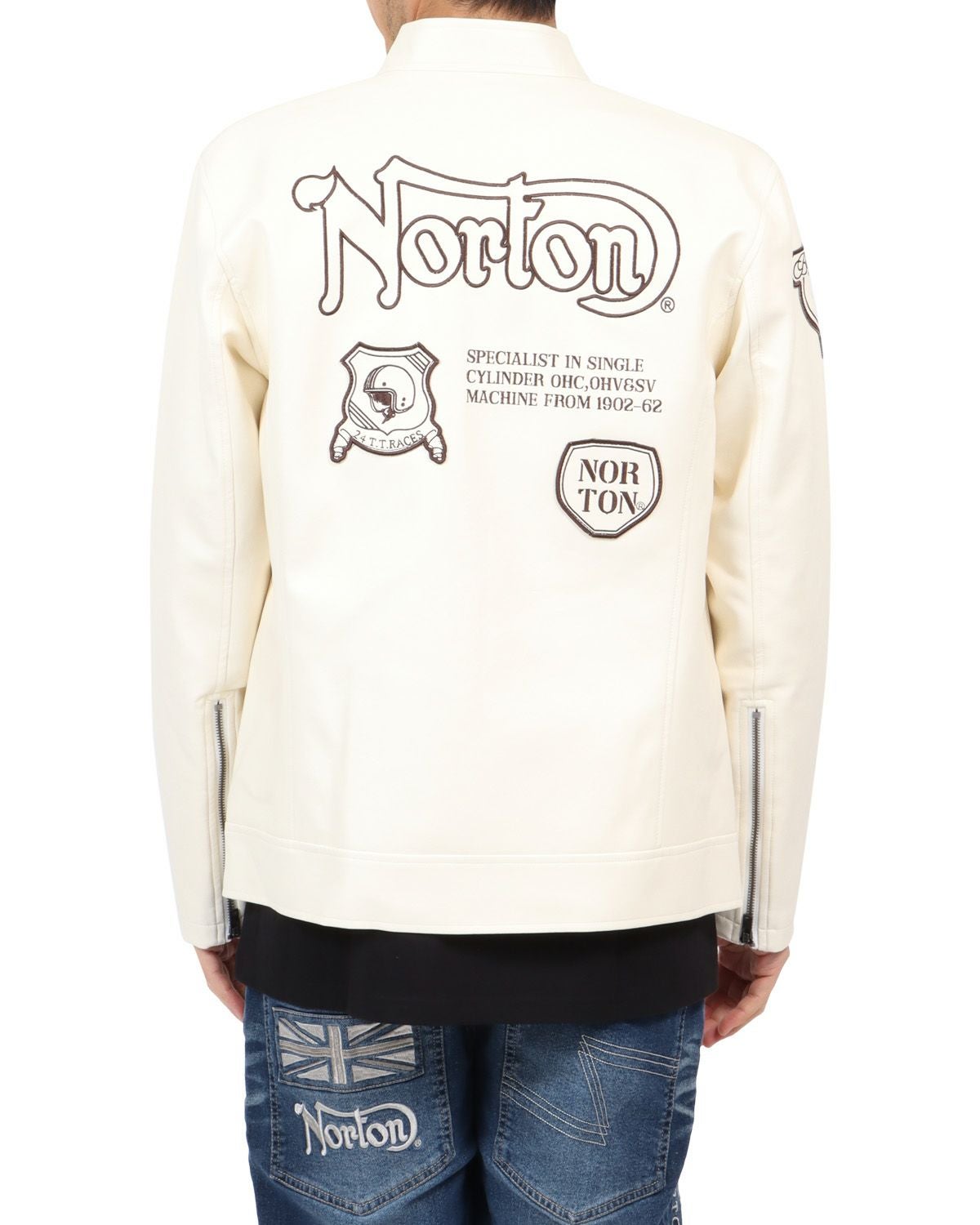 Norton ノートン スウェットライダースジャケット 金刺繍 ホワイト 白 Ｌ ノートン（NORTON） トレーナー ドッグNORTONロゴ 刺繍プリント 裏ボア