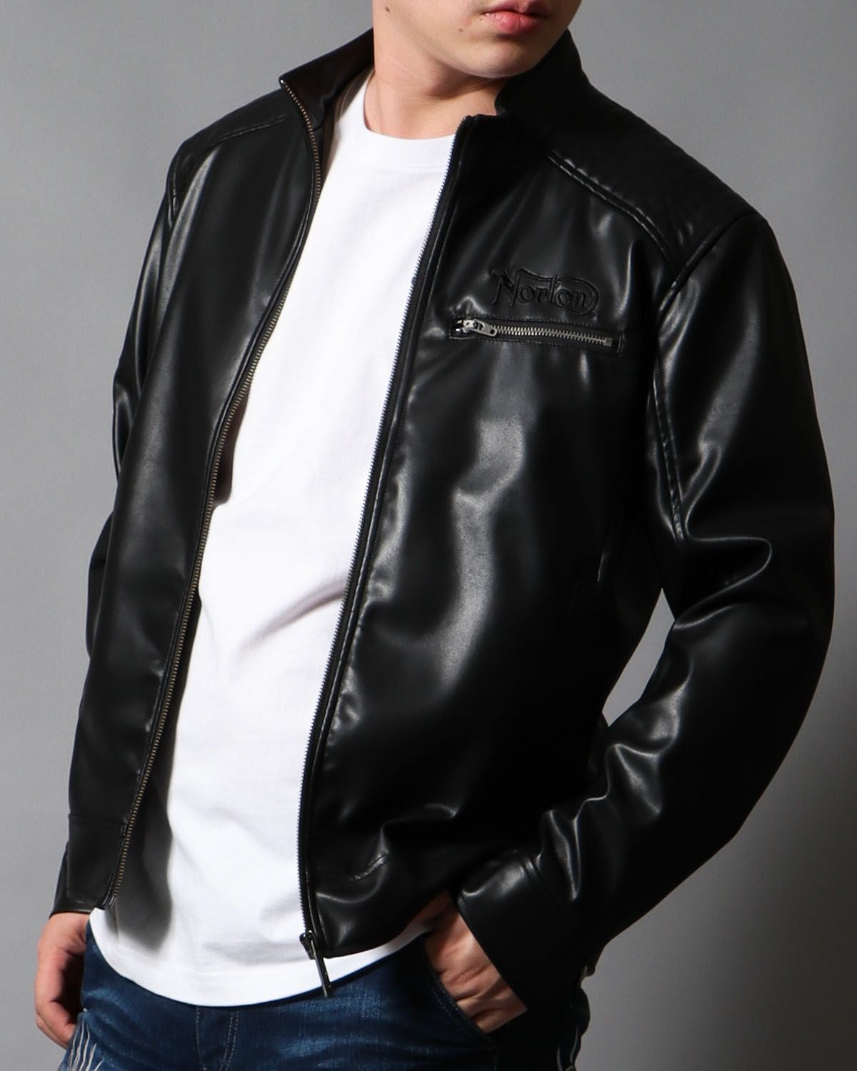 33. Norton ブラックレザーライダース B-3ジャケット 裏面ファー L ノートン（NORTON） 送料無料メンズ 服 ライダース ジャケット
