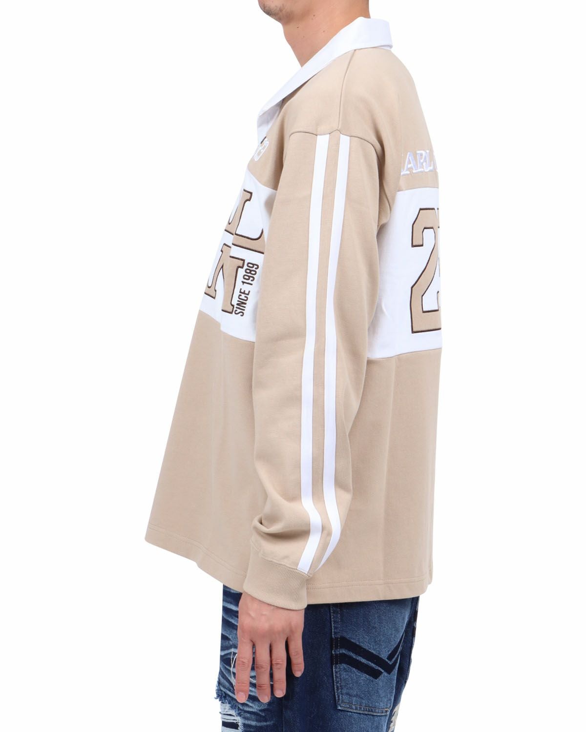 ベージュ：174cm62kg(Lサイズ着用)