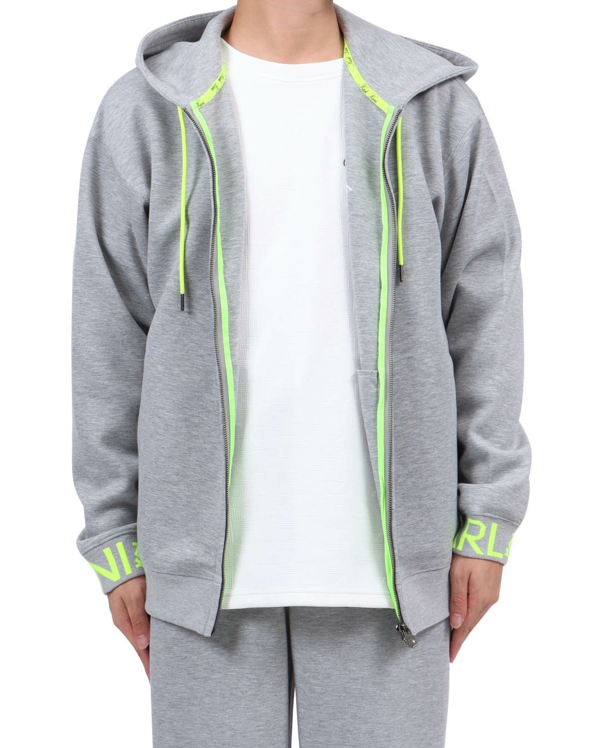 韓国発！off green Bogey story フーディー XL グレー Karl Kani] ネオン ポイント ダンボールニット フルジップ パーカー
