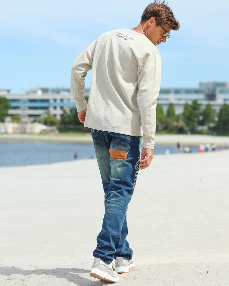 ベージュ：183cm/70kg(Lサイズ着用)