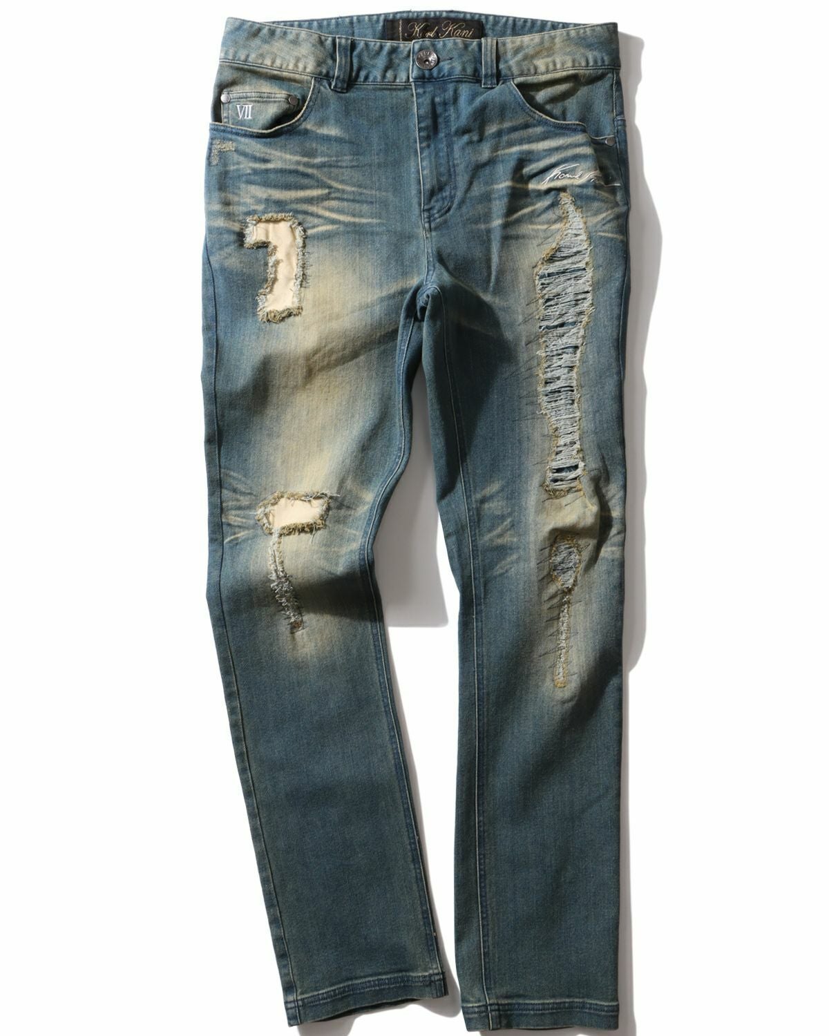 Ｋ*様 karl kani デニム 金パッチ 極太 Karl Kani] ストレッチ クラック 加工 タイト デニム パンツ | PEET