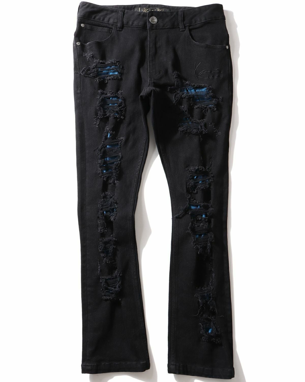 Karl Kani] ストレッチ ブルー ダメージ ブラック デニムパンツ | PEET