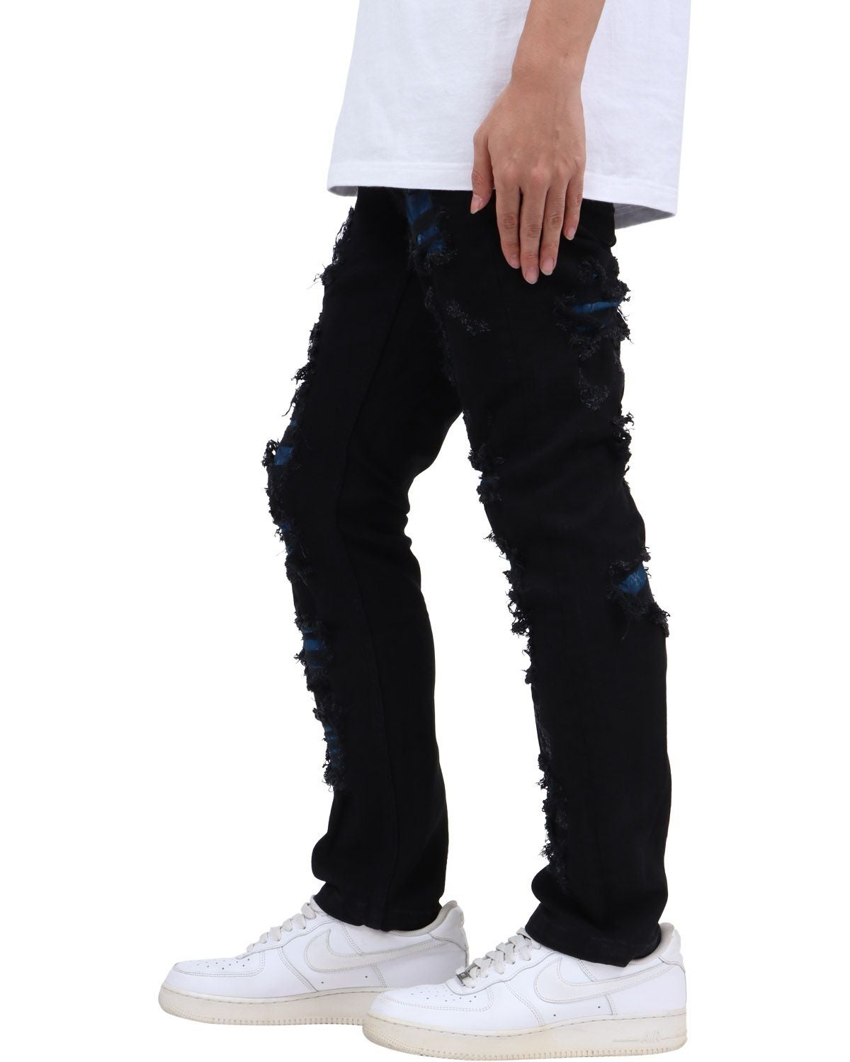 Karl Kani] ストレッチ ブルー ダメージ ブラック デニムパンツ | PEET