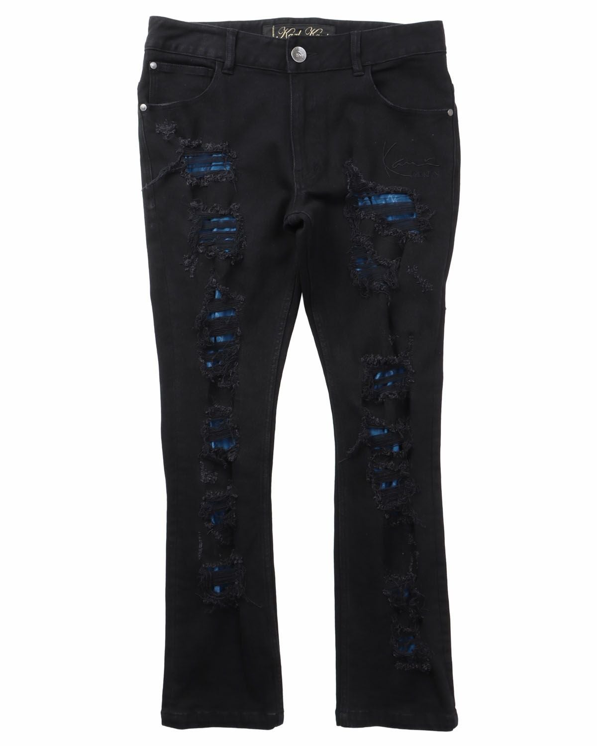 Karl Kani] ストレッチ ブルー ダメージ ブラック デニムパンツ | PEET