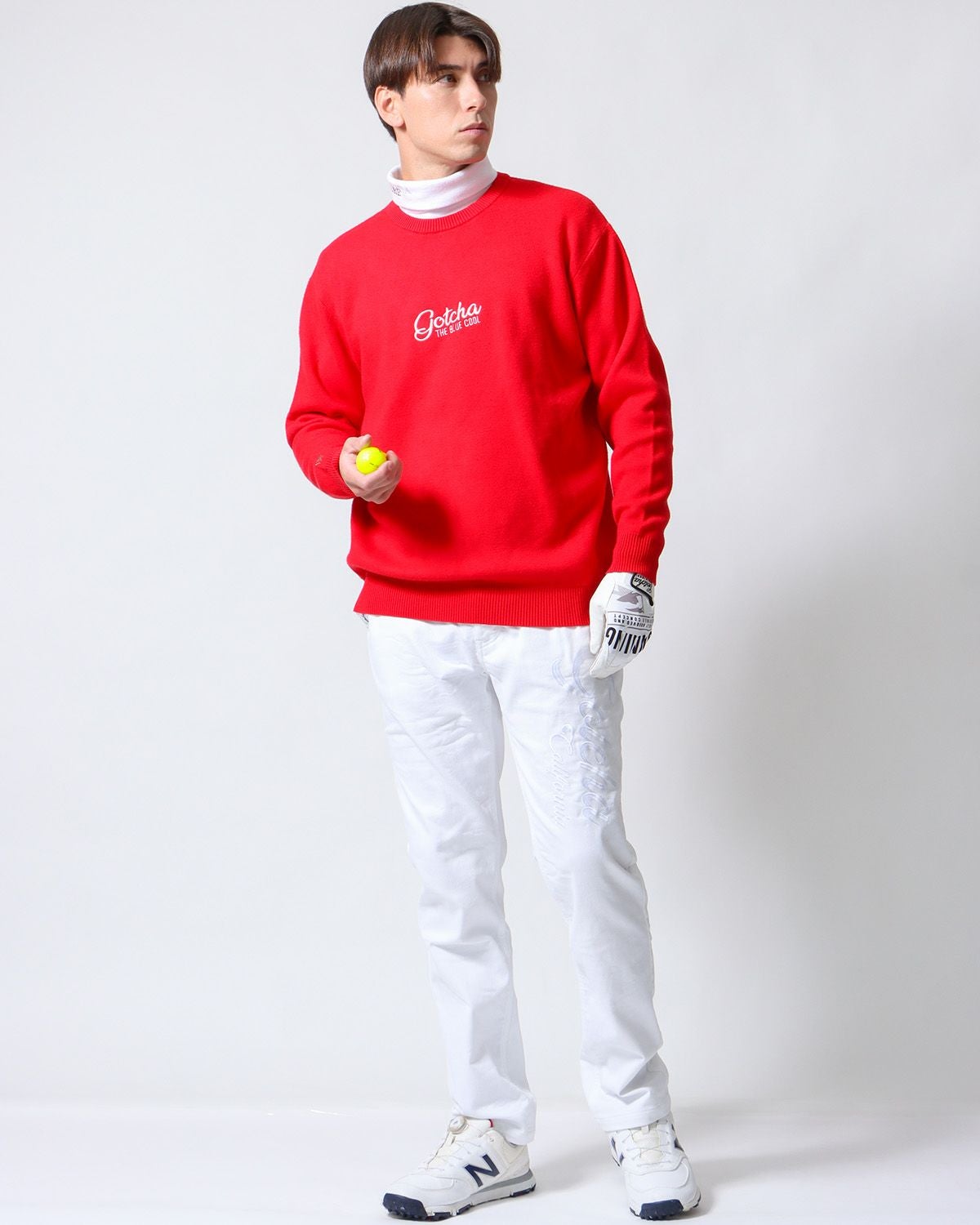 新品未使用CPG GOLF レッド クルーネックトレーナー GOTCHA GOLF] 静電気防止 ウォッシャブル もちもち 縦ロゴ クルー