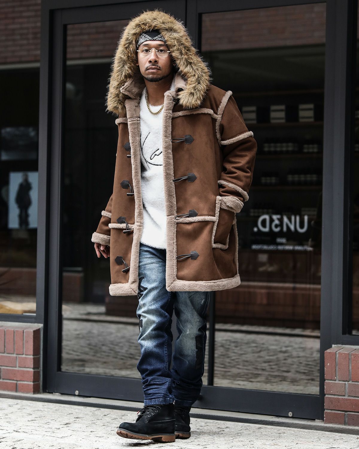 Karl Kani] ファーフード 脱着 フェイクムートン ロングコート | PEET