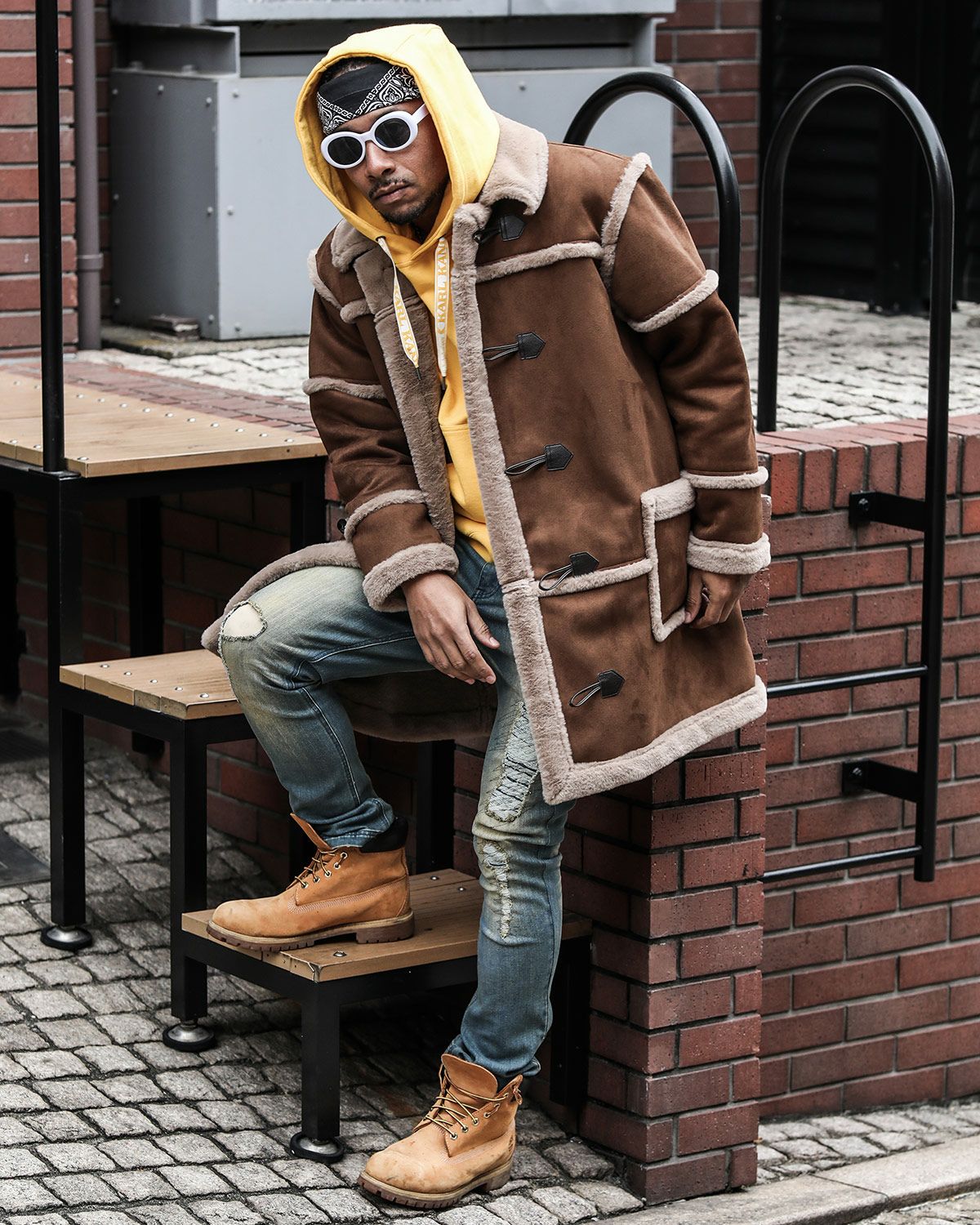 Karl Kani] ファーフード 脱着 フェイクムートン ロングコート | PEET