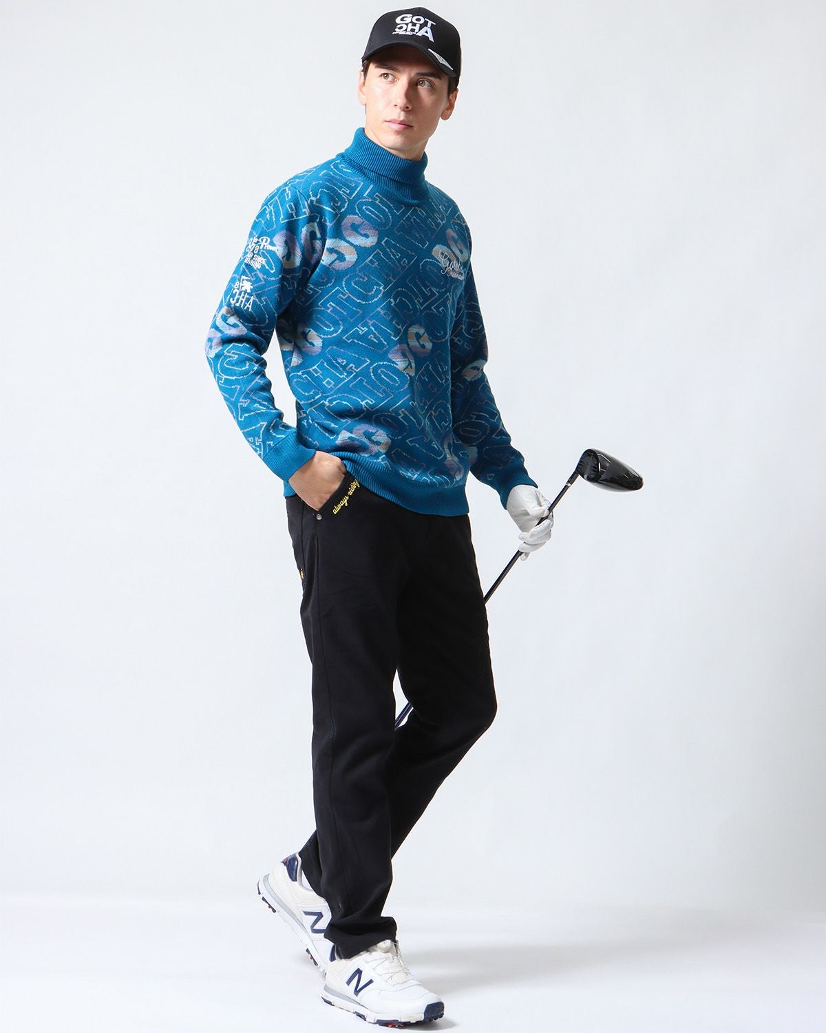 GOTCHA GOLF] 静電気防止 ウォッシャブル 総柄 タートルネック ニット