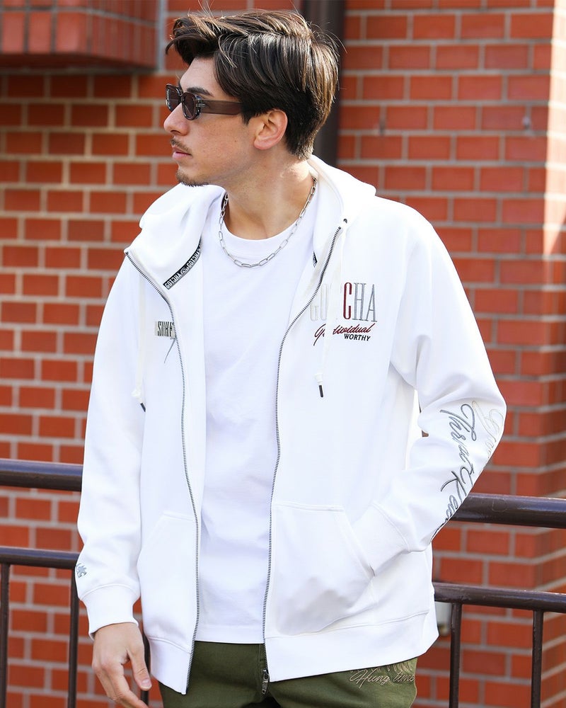 グラデ メタリック ダンボール ニット ジップパーカーホワイト