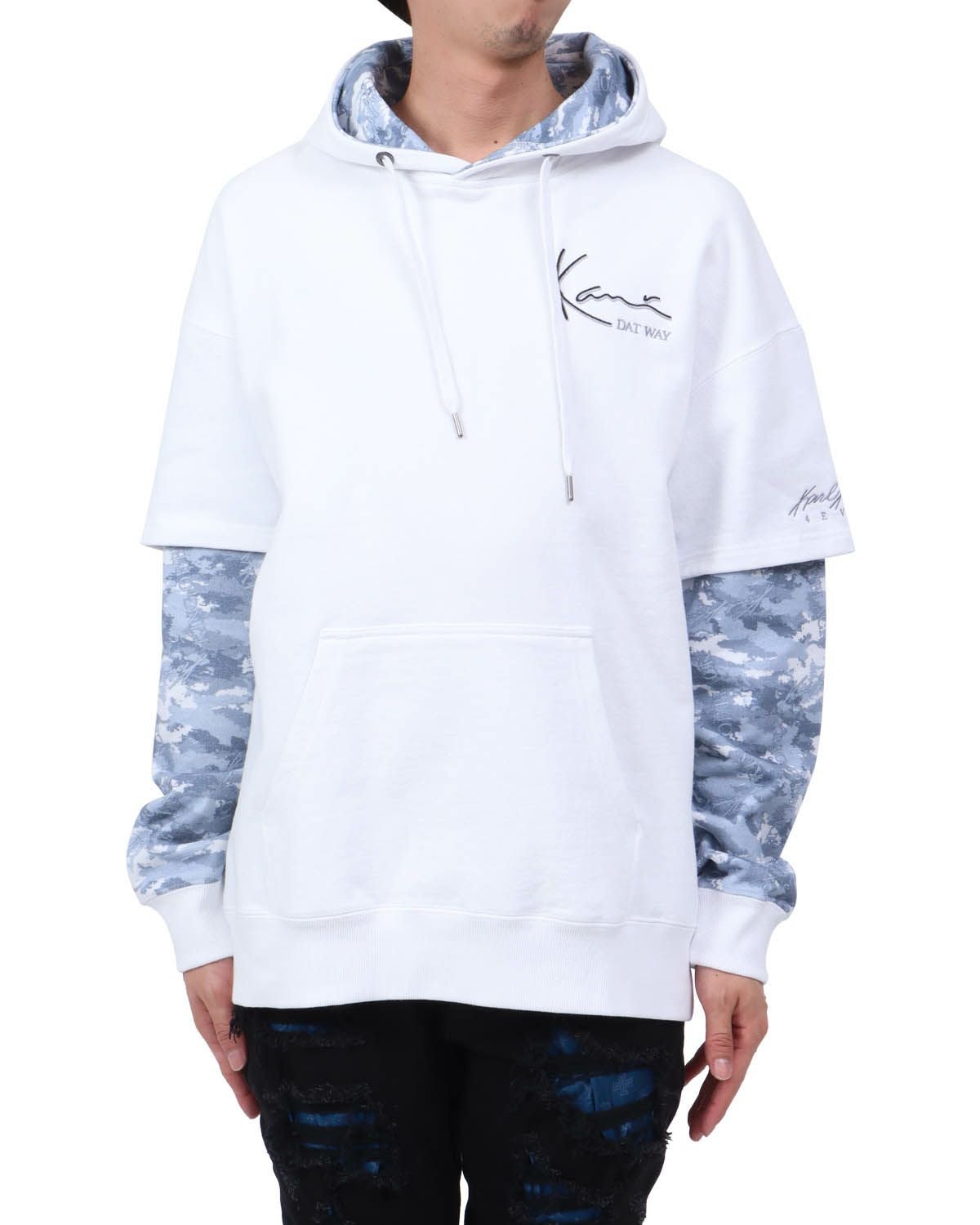 ホワイト：174cm62kg(Lサイズ着用)