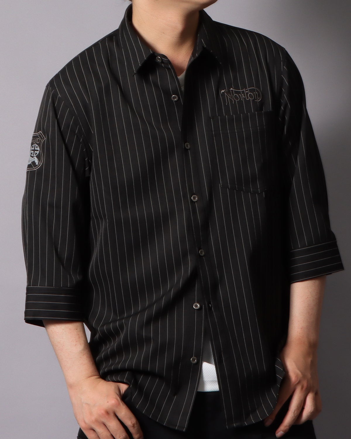 ストレッチ ピンストライプ 7分袖 シャツ