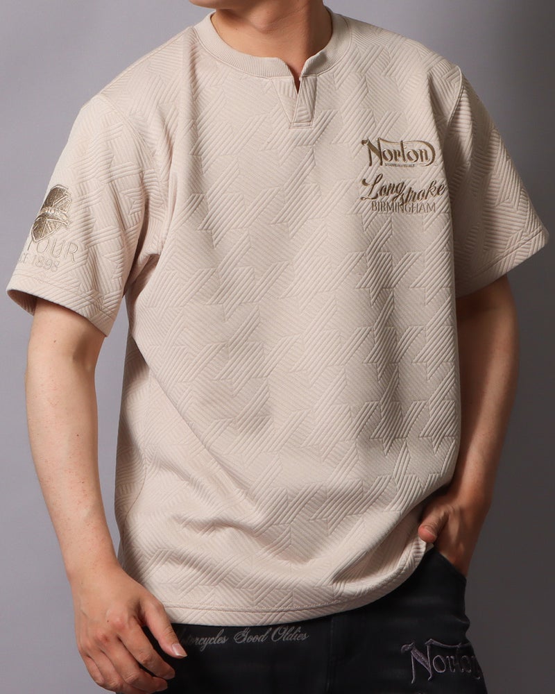 ブリスター ジャカード ラメ 刺繍 キーネック T