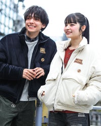 左：175cm(Mサイズ着用)、右：160ｃｍ(Mサイズ着用)